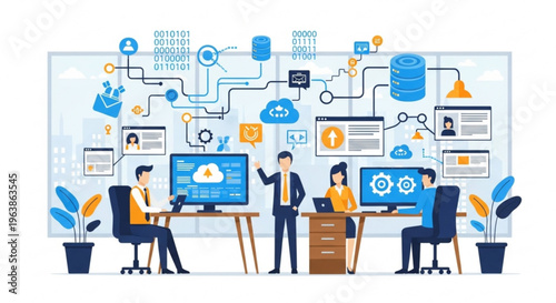 Business team collaborating on data analysis and cloud computing in modern office with flowchart