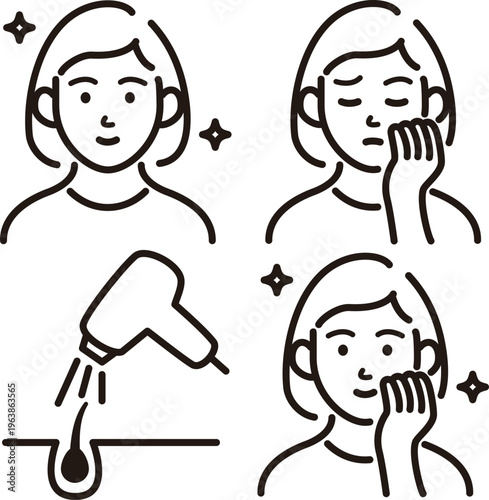 Hair removal and skin care icon set with female character illustrations.