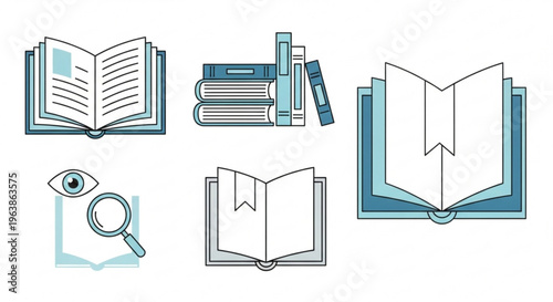 Collection of open and closed book icons representing reading research and knowledge in a clean flat vector style for educational or informational design