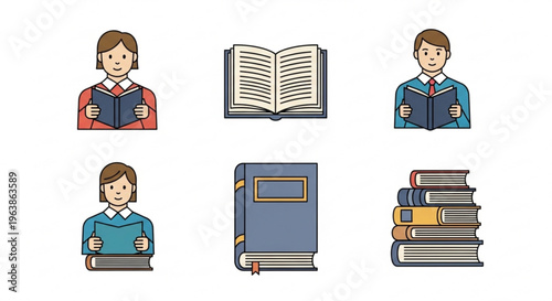 Collection of flat design icons depicting people reading books and various book illustrations perfect for educational or literary concepts isolated on white