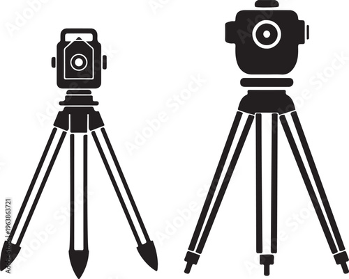 Surveying equipment icons set, including total station and theodolite on tripods