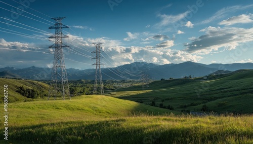 Electricity Pylons in Rolling Green Hills Landscape.