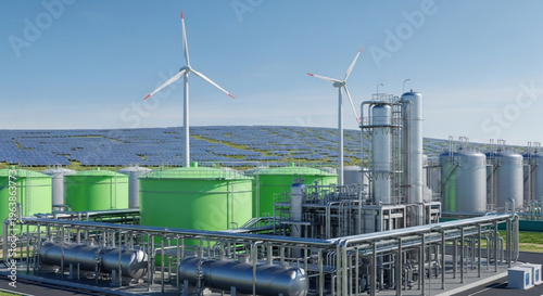 Industrial bioenergy facility with wind turbines and green storage tanks under a clear blue sky