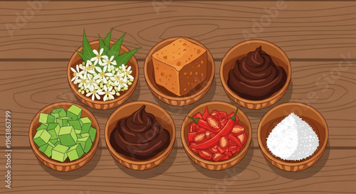 Assorted food ingredients in wooden bowls on a table including spices herbs and condiments for cooking and baking