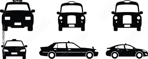 Collection of black silhouette images of taxis from various angles