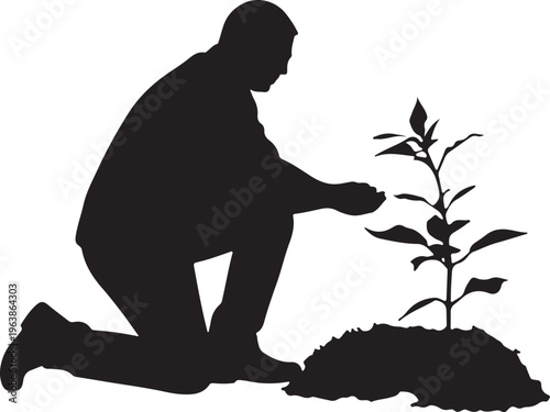 Silhouette of a Man Planting a Small Tree Seedling on White Background