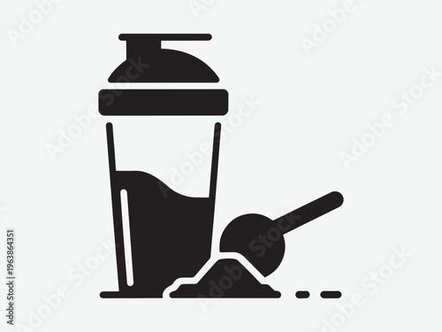 Silhouette of a protein shaker bottle with scoop and powder