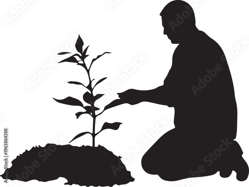 Silhouette of a Man Planting a Tree Seedling, Environmental Concept