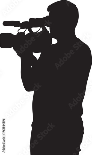 Silhouette of a Professional Cameraman Filming on White Background