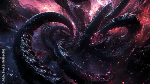 Abstract artwork of swirling dark matter with vibrant red and purple energy