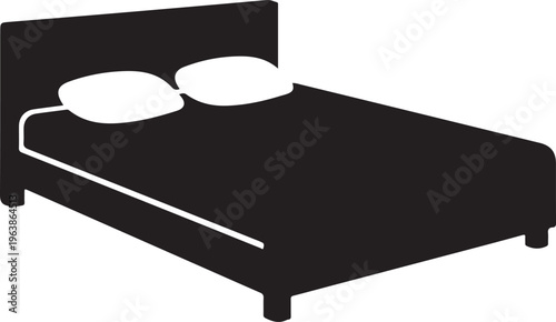 Double Bed Silhouette with Two Pillows Isolated on White Background