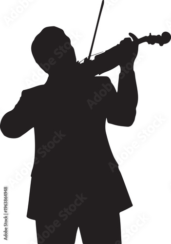 Silhouette of a male violinist playing violin isolated on white background