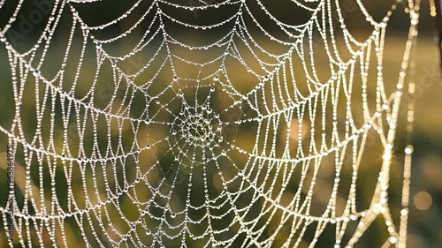 Spiderweb covered in glistening dew drops at sunrise in nature