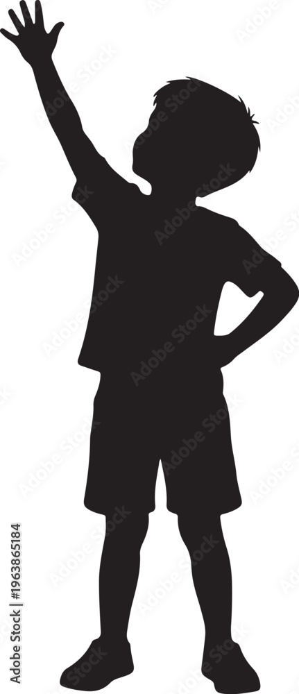 Fototapeta premium Silhouette of a Young Boy Reaching Up and Raising His Hand on White Background