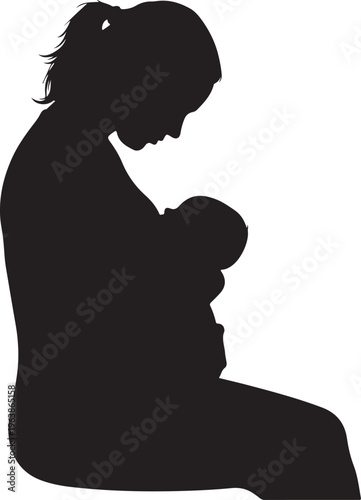 Silhouette of Mother Breastfeeding Her Newborn Baby on White Background