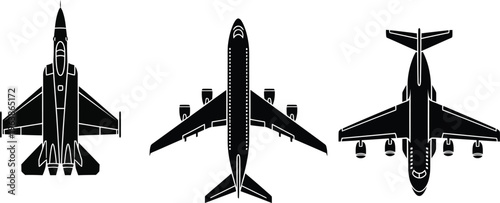 Three view illustration of a fighter jet from front side and rear
