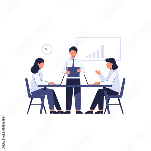 Business professionals engaged in a meeting with a presenter on white background