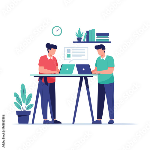 Two colleagues working together on laptops at a standing desk on white background
