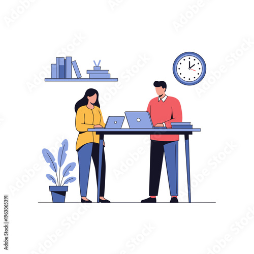 Two colleagues collaborate on laptops at a shared workstation on white background