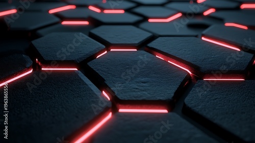 Abstract dark hexagonal pattern with red glowing lines and textured surface