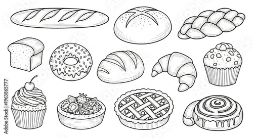 Variety of freshly baked bread and pastries including muffins cupcakes and pies illustrated in black and white line art