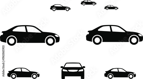 A collection of seven black silhouette car icons in various orientations and sizes on a white background