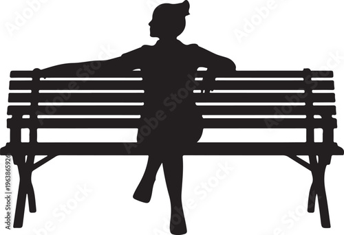 Black Silhouette of a Woman Sitting on a Park Bench Isolated on White