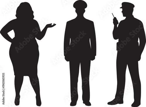 Silhouettes of a Plus-Size Woman, a Uniformed Pilot, and a Police Officer