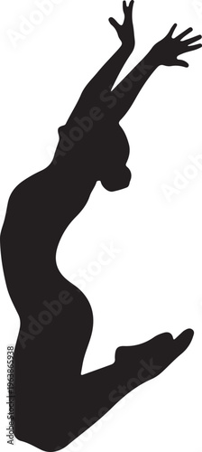 Black silhouette of a rhythmic gymnast leaping mid-air, isolated on white