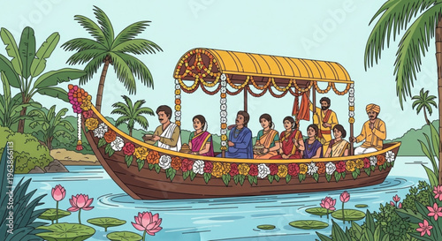 People in traditional clothing enjoy a scenic boat ride on a decorated vessel through a tropical waterway with palm trees and lotus flowers