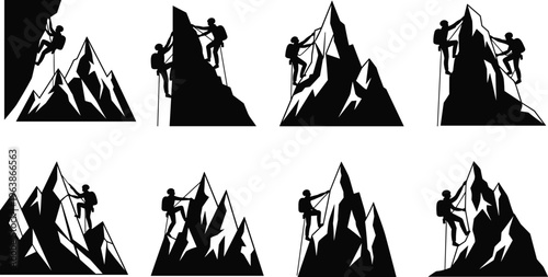 Mountain climber silhouettes, rugged peaks, rope ascent, outdoor adventure, mountaineering icons, summit challenge, perseverance teamwork, black and white illustration