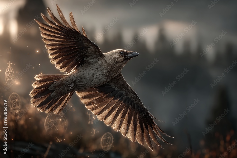 Naklejka premium A majestic raven flies over a mystical forest landscape with magic sparks.
