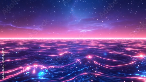 Abstract digital landscape of sea under starry sky with vibrant colors and lights