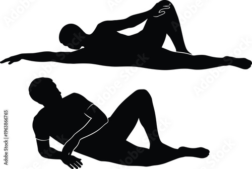 Human silhouette exercise poses illustration, body posture artwork, fitness and stretching design concept, black and white vector template set