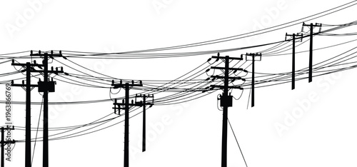 Industrial vector silhouette of electrical power lines and utility poles with transformers providing energy distribution network isolated on a white background