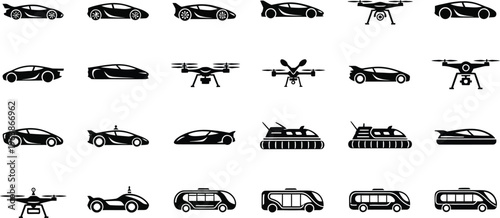 Collection of various vehicle icons including cars helicopters and buses in black and white