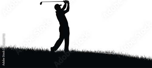 Golfer silhouette swinging club on grass field isolated on white background, professional golf player active sport vector illustration for design.