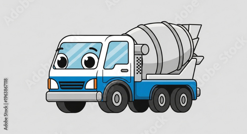 Cute cartoon cement mixer truck friendly vehicle illustration for childrens books and construction themes isolated on a light gray background