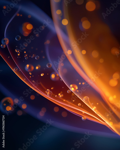 Ethereal Orange Glow: A mesmerizing display of abstract forms, with layers of undulating orange and blue hues intertwined with delicate bubbles, creating a sense of wonder and elegance.