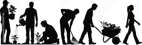 Gardening silhouettes illustration, people planting and watering, teamwork in garden, wheelbarrow with flowers, raking ground, horticulture concept, outdoor lifestyle art