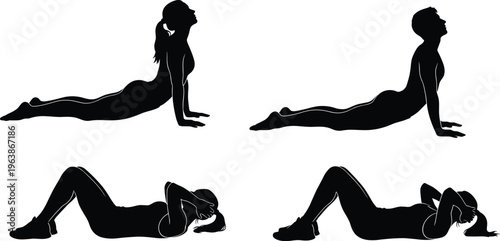 Fitness exercise silhouette illustration, yoga cobra pose artwork, abdominal crunch workout concept, health and wellness design vector template