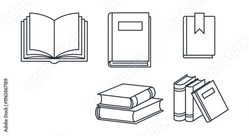 Collection of book icons simple line art design for education and literature concepts isolated on white background