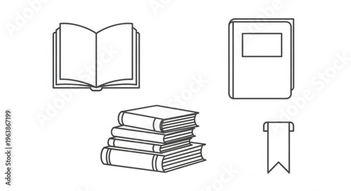 Collection of book icons including an open book closed book stack of books and bookmark in a simple outline vector style for educational or literary concepts