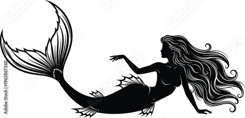 Elegant mermaid silhouette, reclining mythical sea creature, fantasy ocean artwork, aquatic goddess illustration, graceful fish tail design, mystical underwater beauty