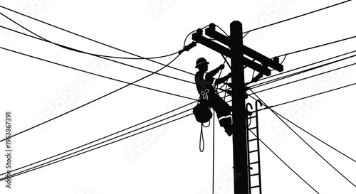 Electrician lineman silhouette working on power pole isolated on white background, electrical utility repair man, energy maintenance vector illustration.