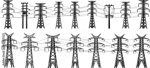 Electrical transmission tower silhouette illustration, utility pole artwork, power line infrastructure design concept, black and white vector template set