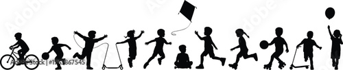Diverse collection of children silhouettes playing, riding bicycle, flying kite, jumping rope, and scooting for active childhood summer outdoor fun
