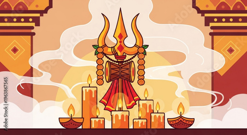 Hindu deity shiva with trident surrounded by lit candles and smoke in a temple setting with warm orange and red hues