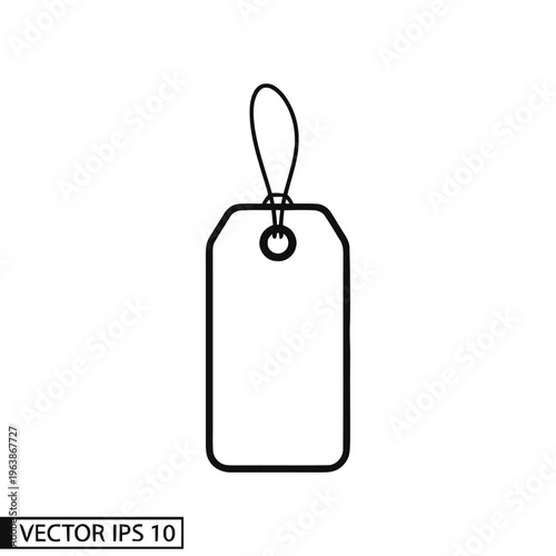 A simple outline graphic of a rectangular blank price or gift tag featuring a hole and hanging loop is centered.