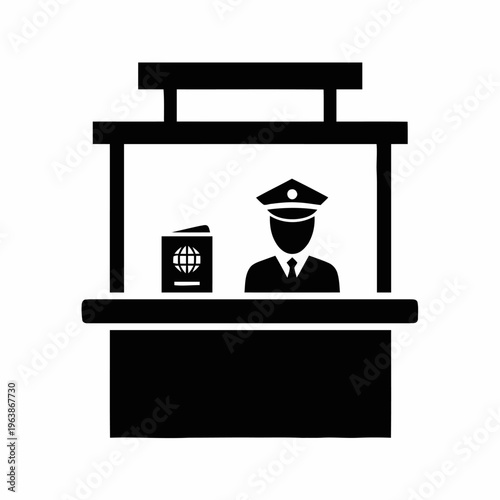 Silhouette icon depicts a uniformed border control agent standing behind a booth next to a passport document.
